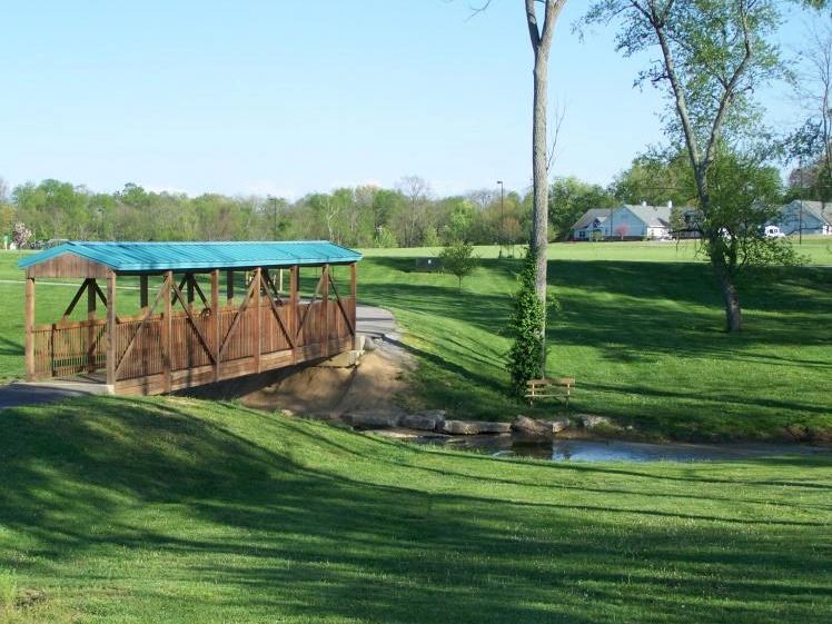 wood bridge covering pond at park