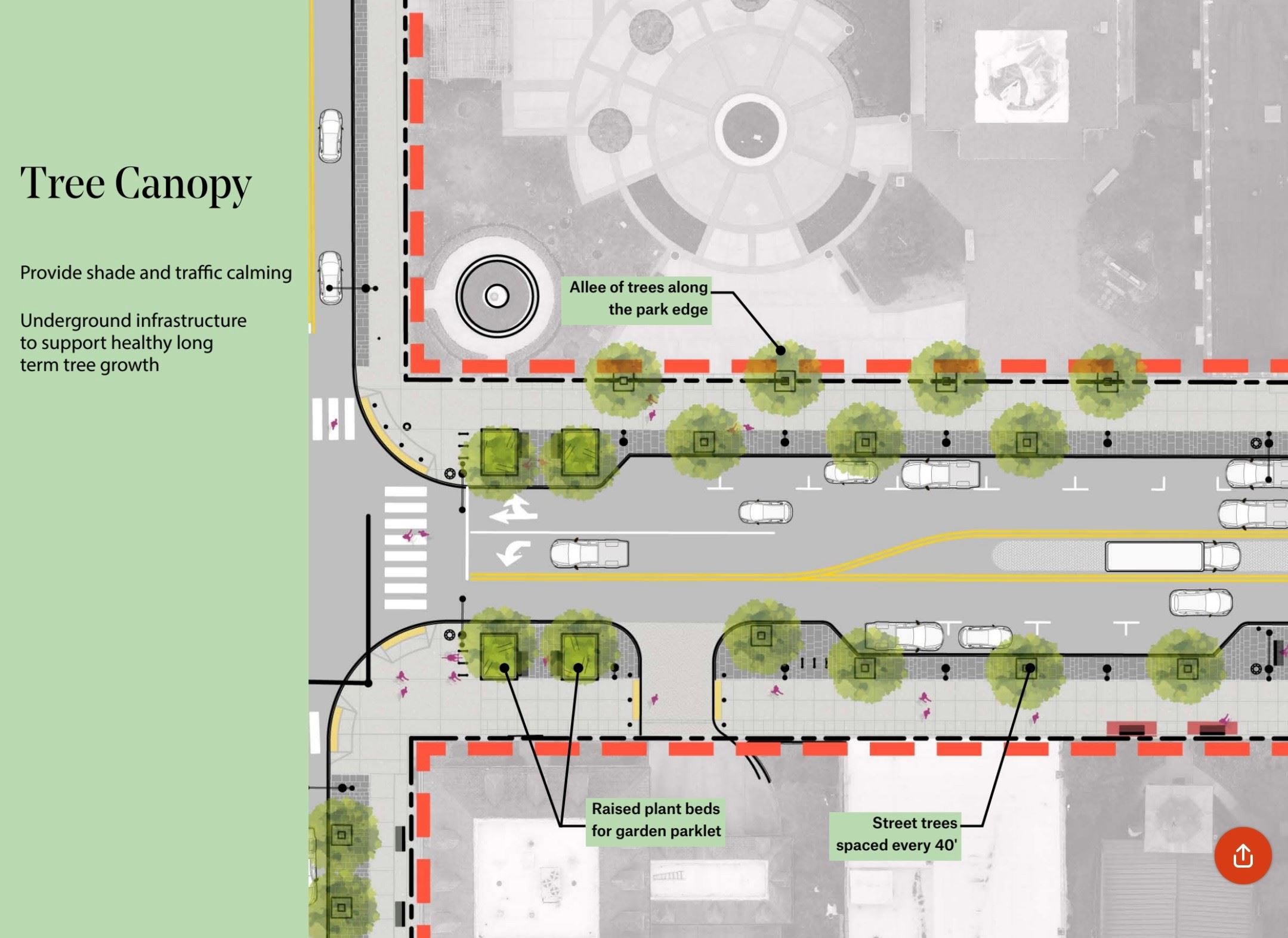 Computer Rendering of the corner of Fourth and Main showing new trees